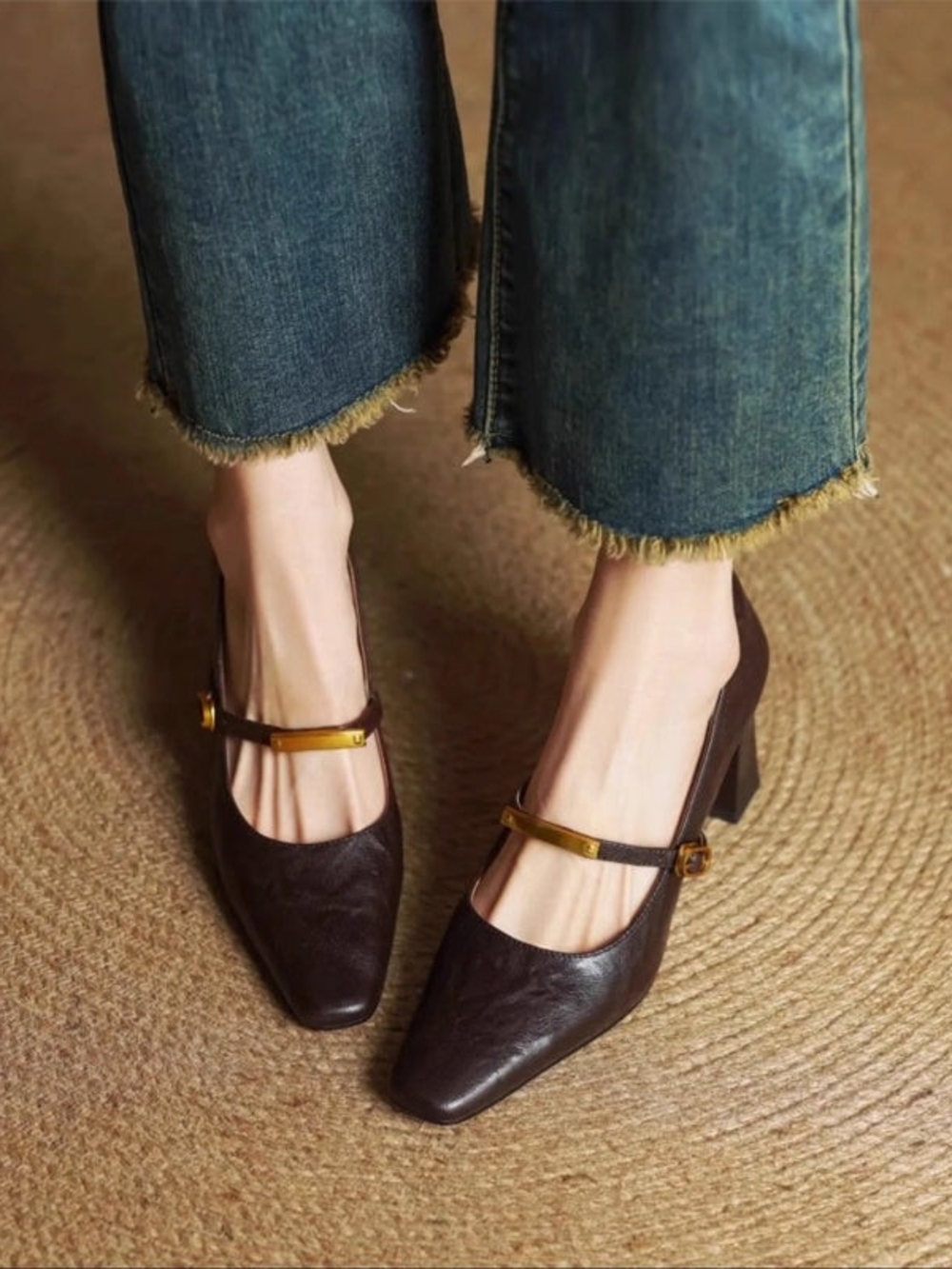 Dark Brown Mary Jane Block Heel Pumps with Gold Accent